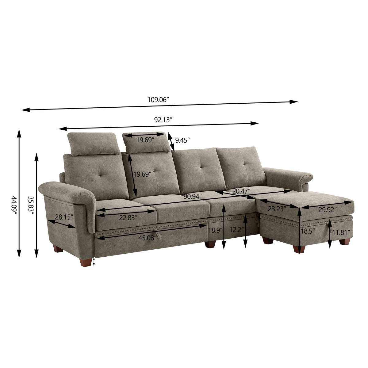 Light Gray L-shaped Sectional Sofa with Ottoman L537708