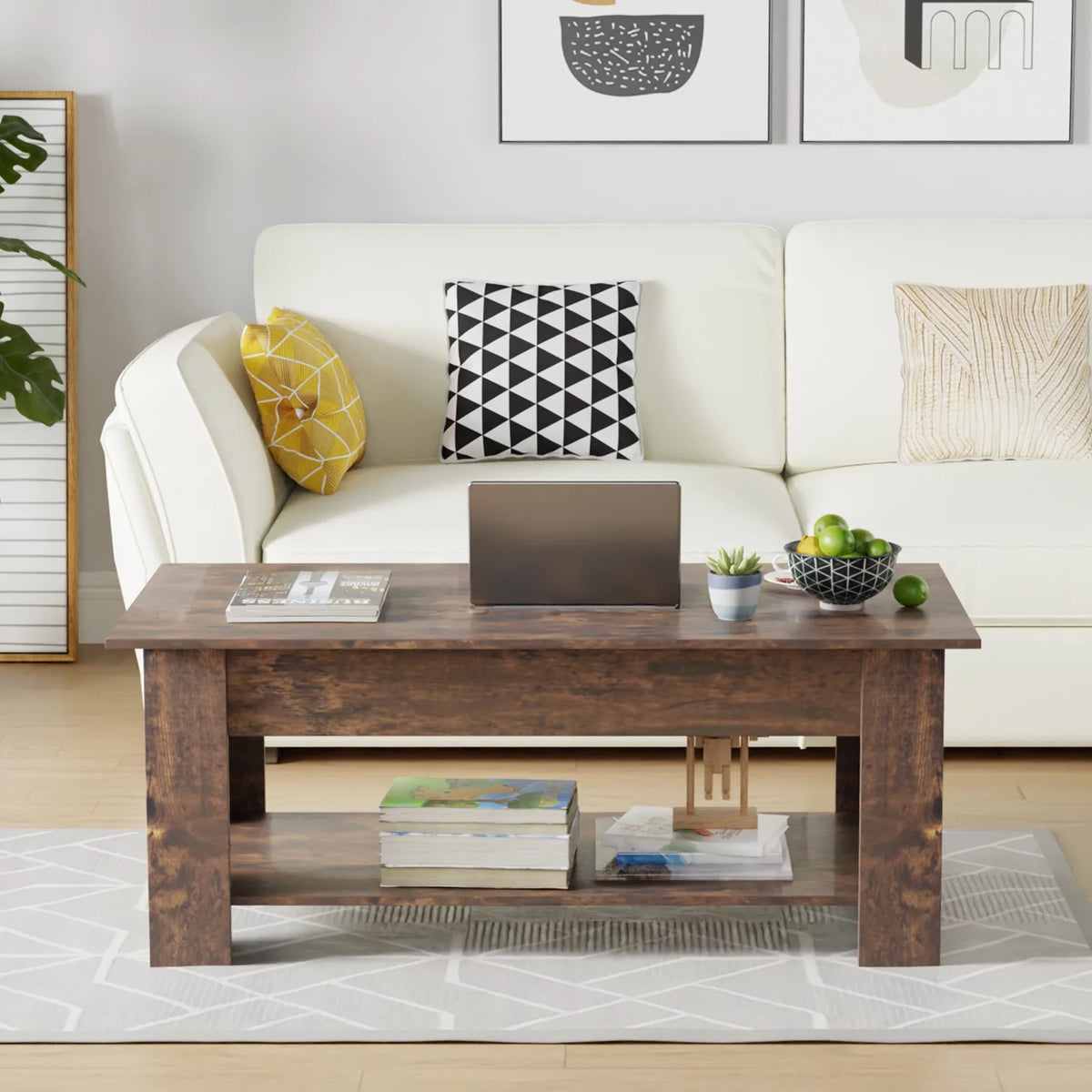 Brown Lift Top Coffee Table with Hidden Compartment and Storage Shelf H9442