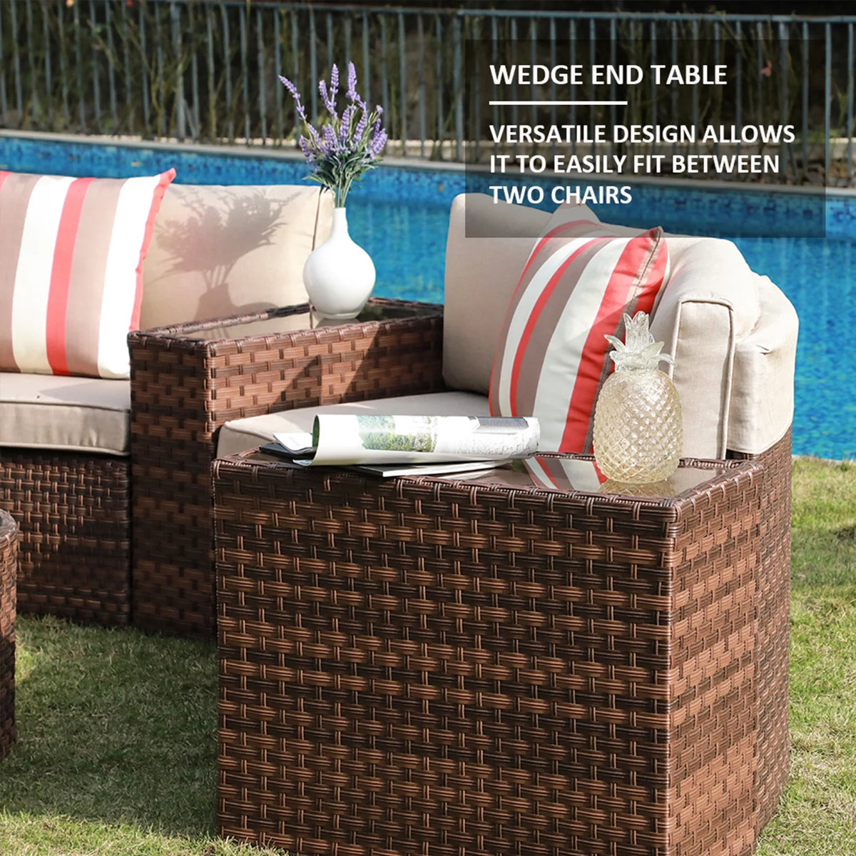 Brown 7-Piece PE Wicker Curved Sectional Sofa Set with Coffee Table T516729