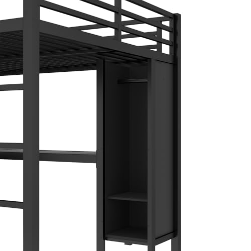 Queen Size Black Metal Loft Bed with Wardrobe and L-Shaped Desk S883805