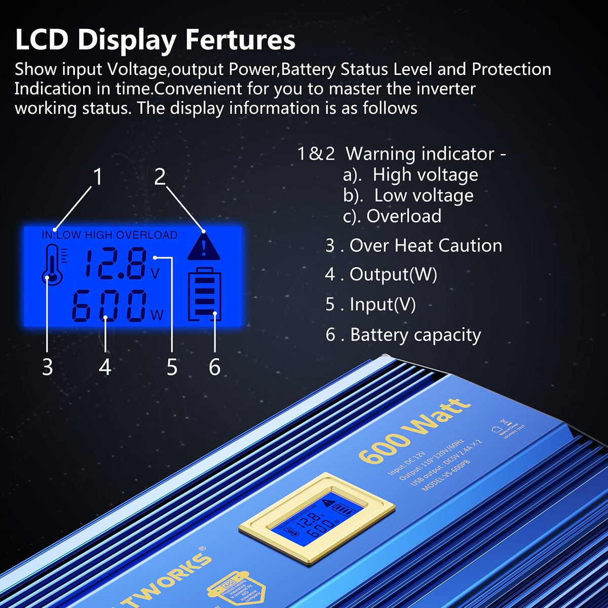 600 Watts Pure Sine Wave Power Inverter DC 12V to AC 110V 120V with USB Port & LCD Display Z263886