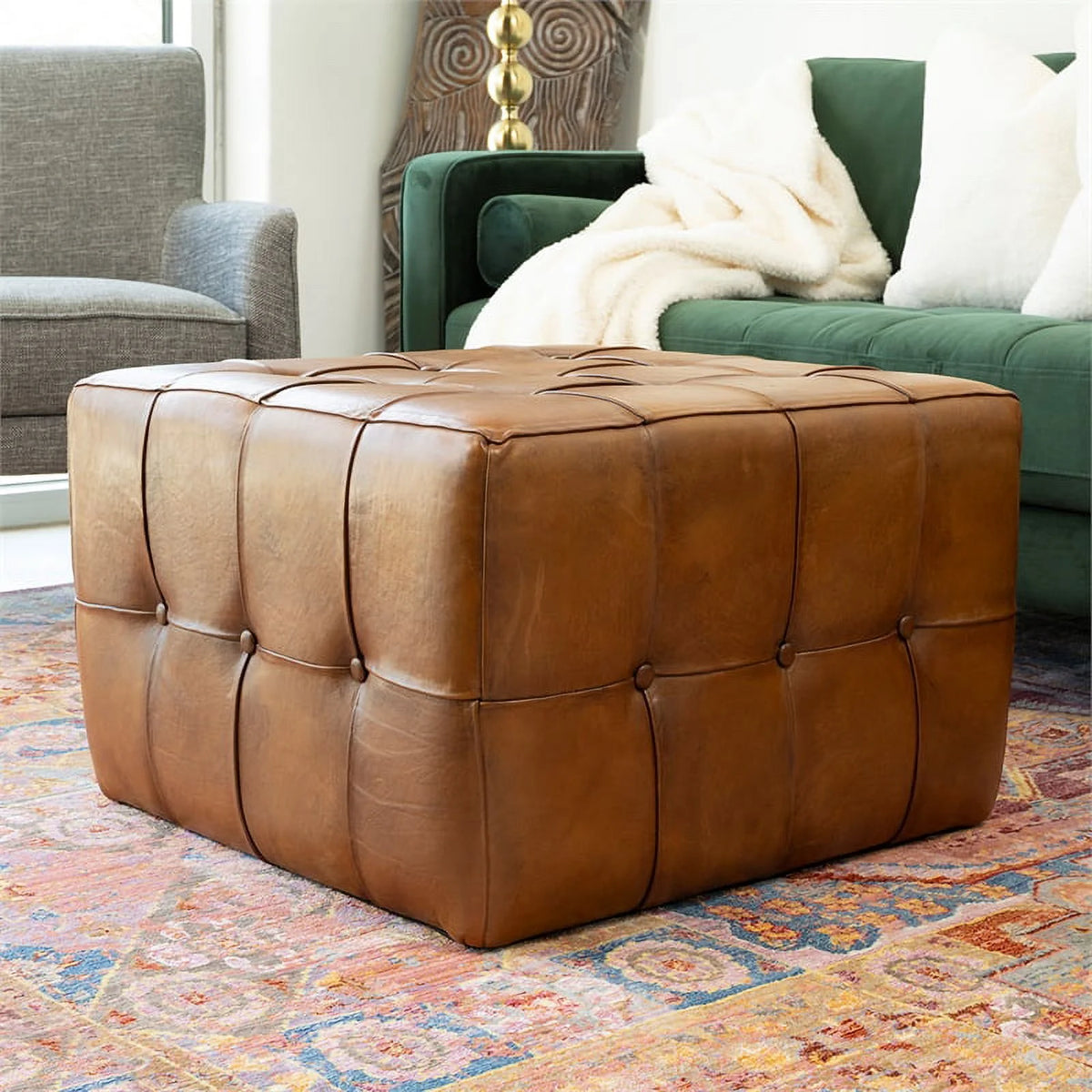 Tan Brown Leather Ottoman K2929