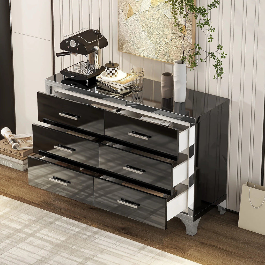 Black High Gloss 6 Drawer Mirrored Dresser Z15178