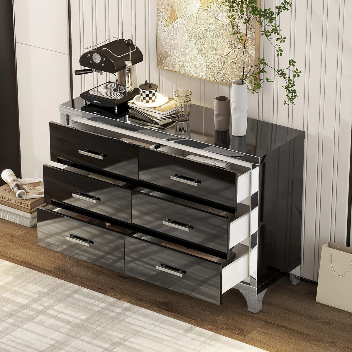 Black High Gloss 6 Drawer Mirrored Dresser Z15178