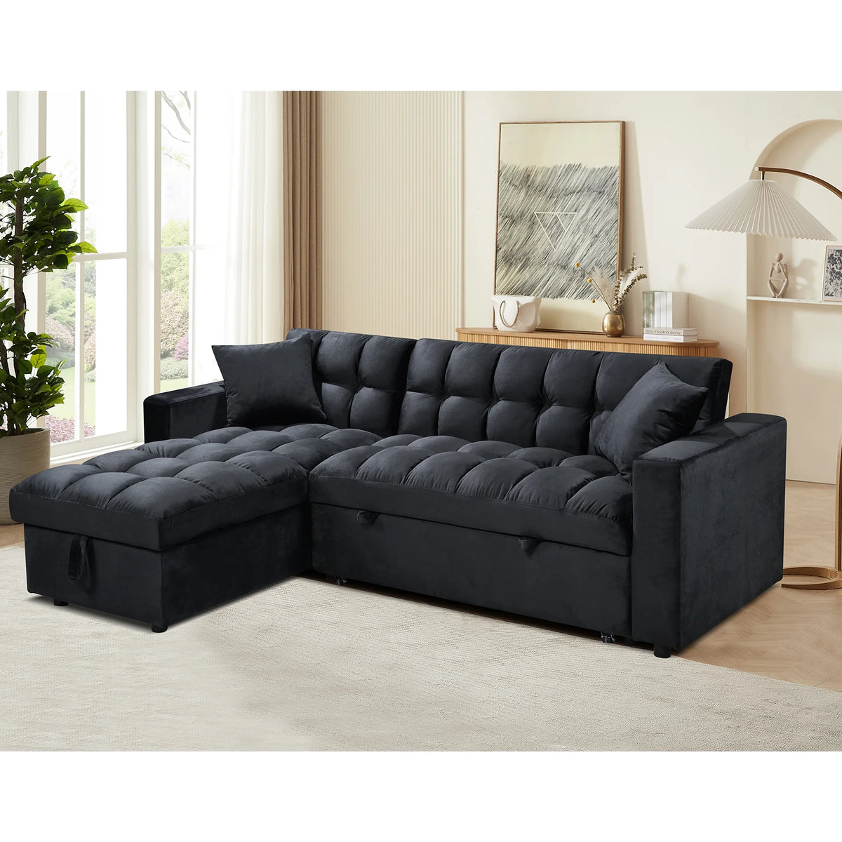 84" Black Velvet Convertible Sleeper Sofa with Storage Chaise Y2708