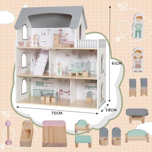 Wooden Playhouse with Balcony and 12 PCS Accessories B58212