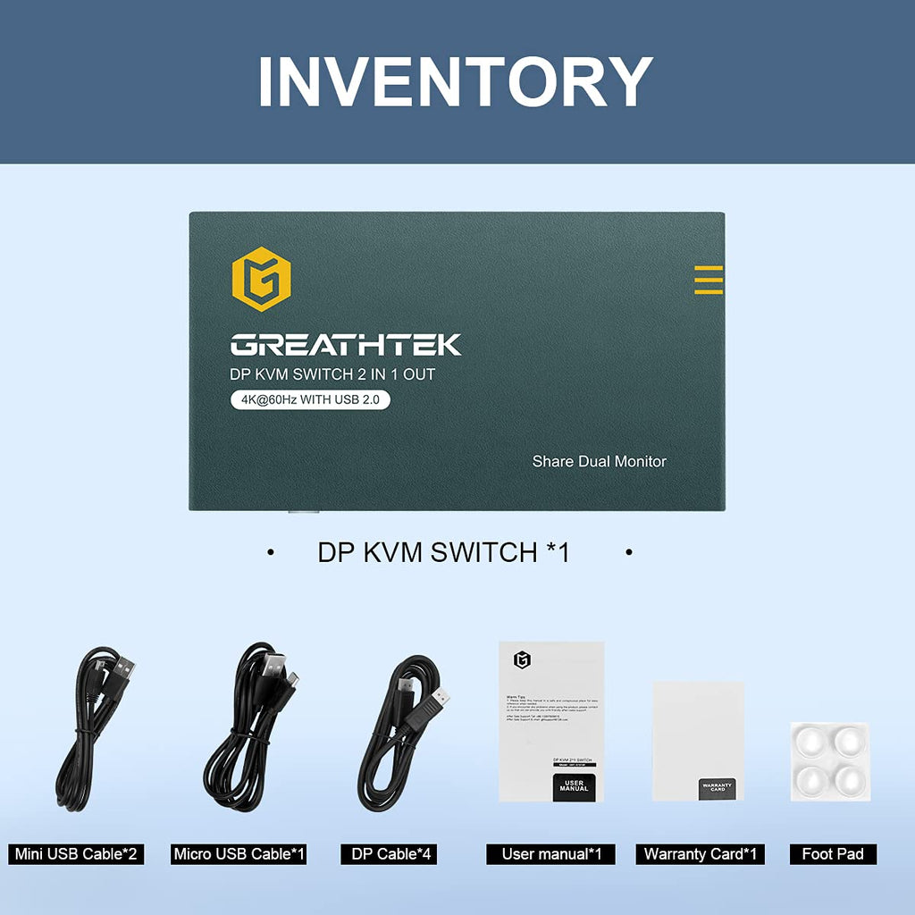 KVM Switch DP Displayport Dual Monitor 2 Port 4 USB 2.0 Hub 4K@60Hz N551