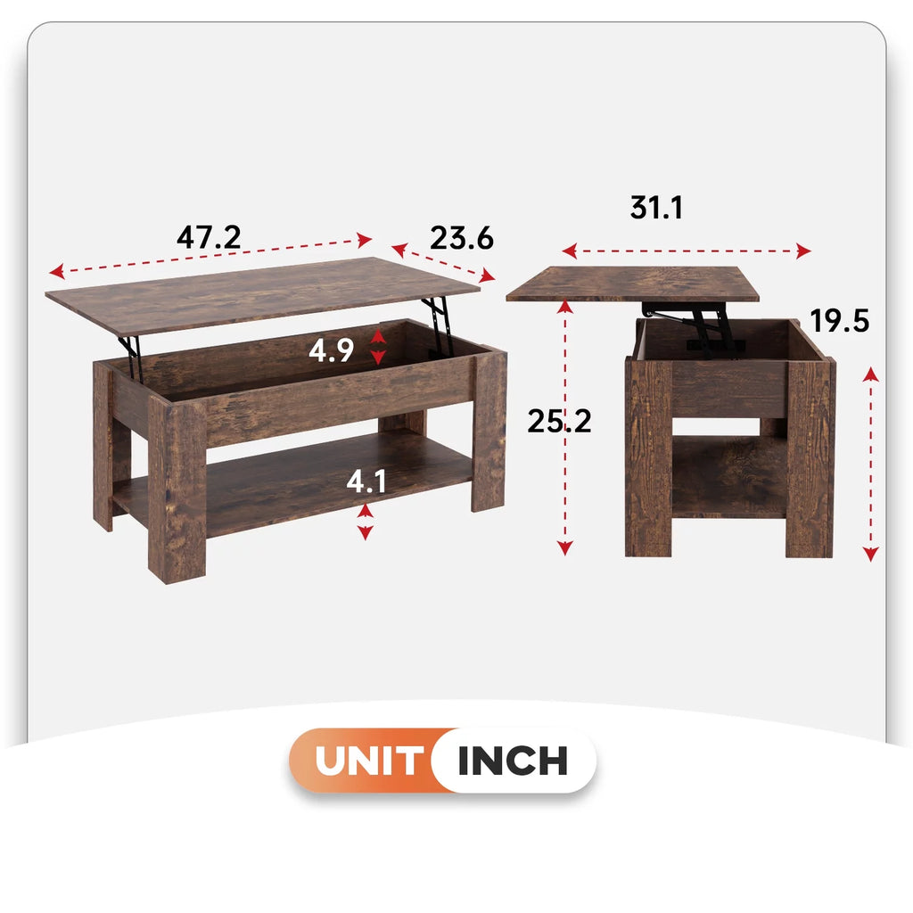 Brown Lift Top Coffee Table with Hidden Compartment and Storage Shelf H9442