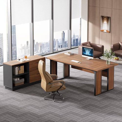 L-Shaped Executive Desk with Drawers Cabinet and Storage Shelves V749057