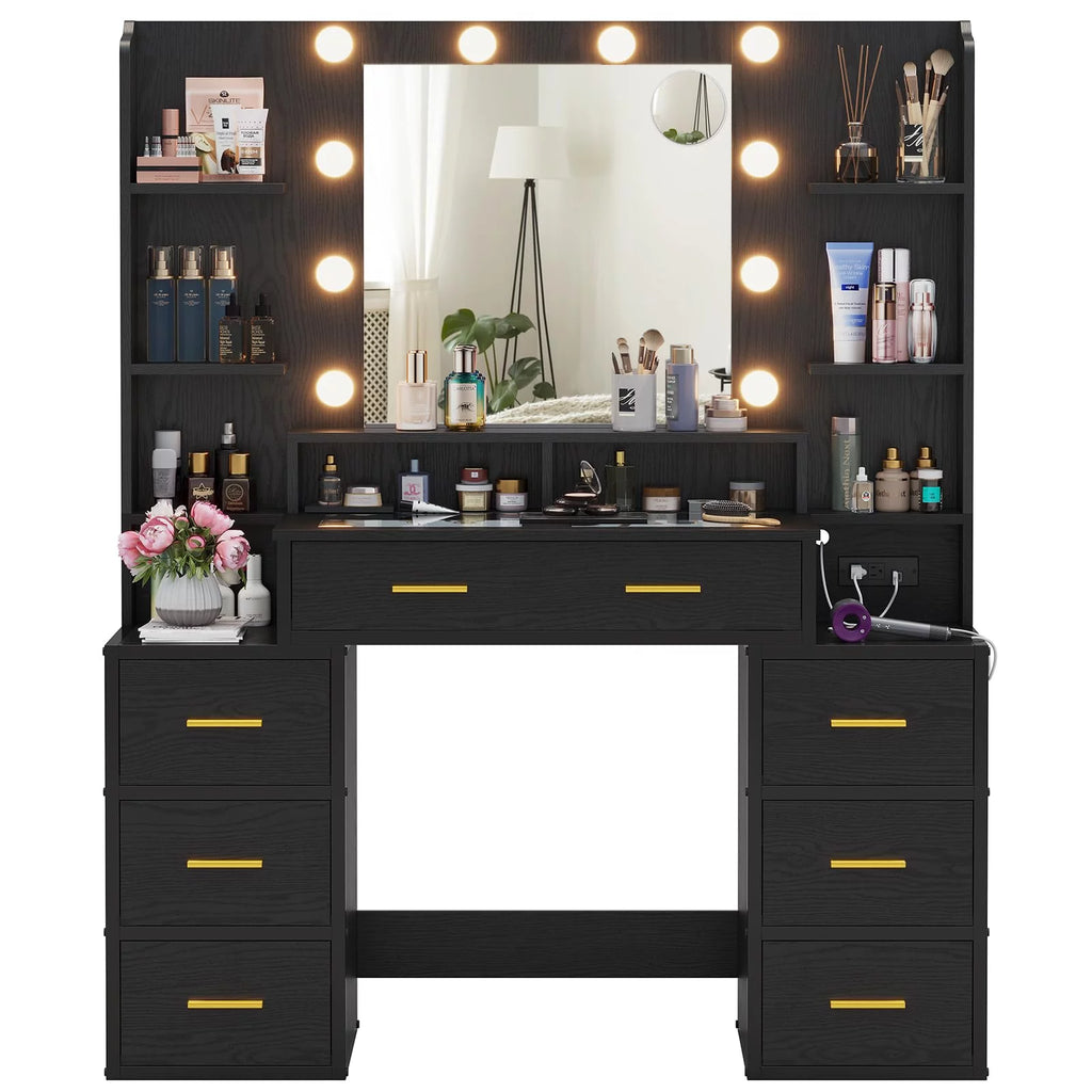 Black Glass Top Vanity Desk with Mirror and Lights O9319