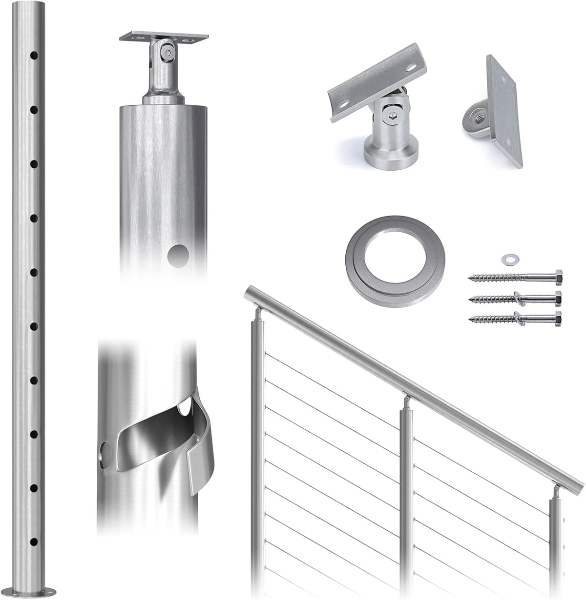 Round 36”x2.36” Stainless Steel Brushed Cable Railing Post Pack of 2 X895290