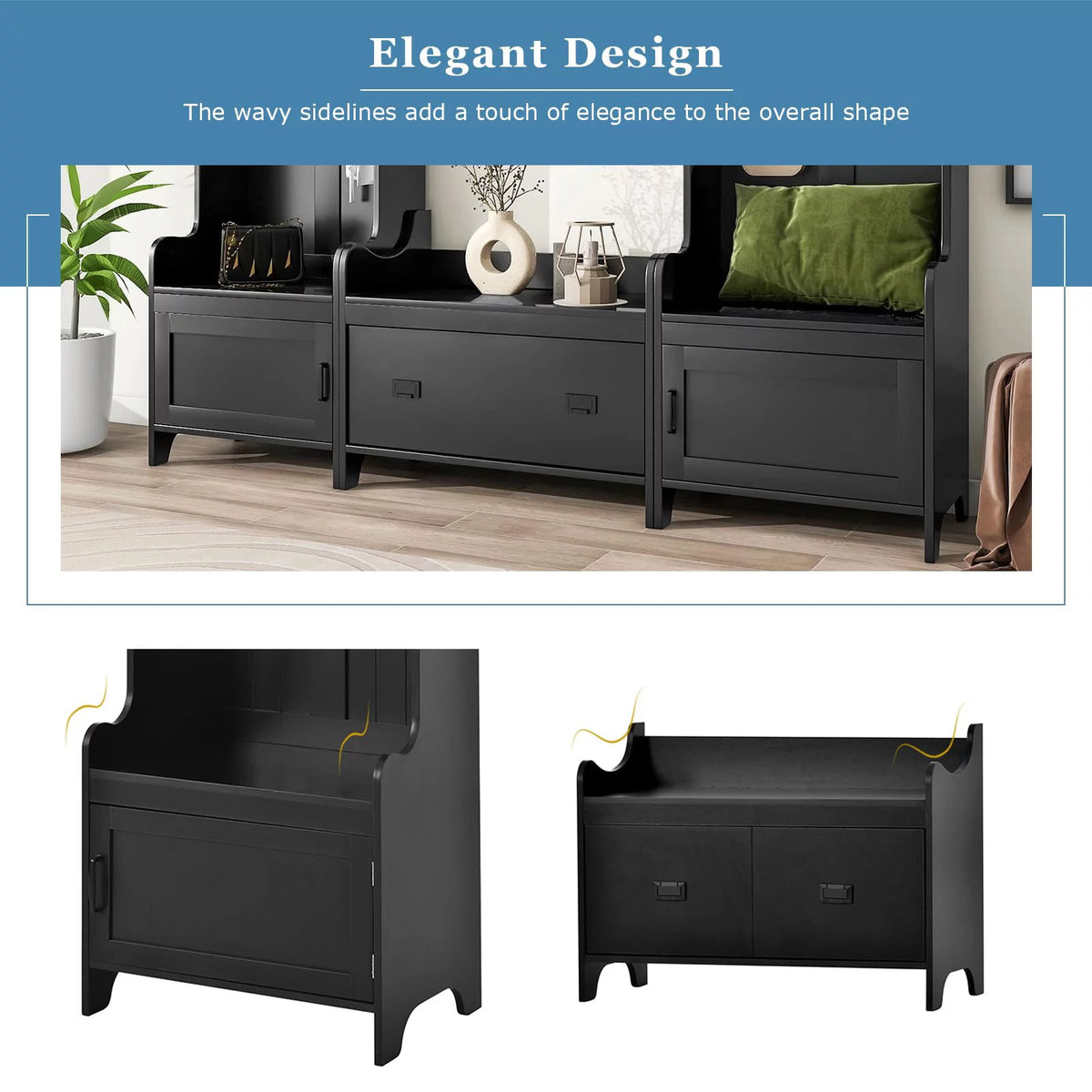 Black Hall Tree with Bench and Shoe Storage W47959
