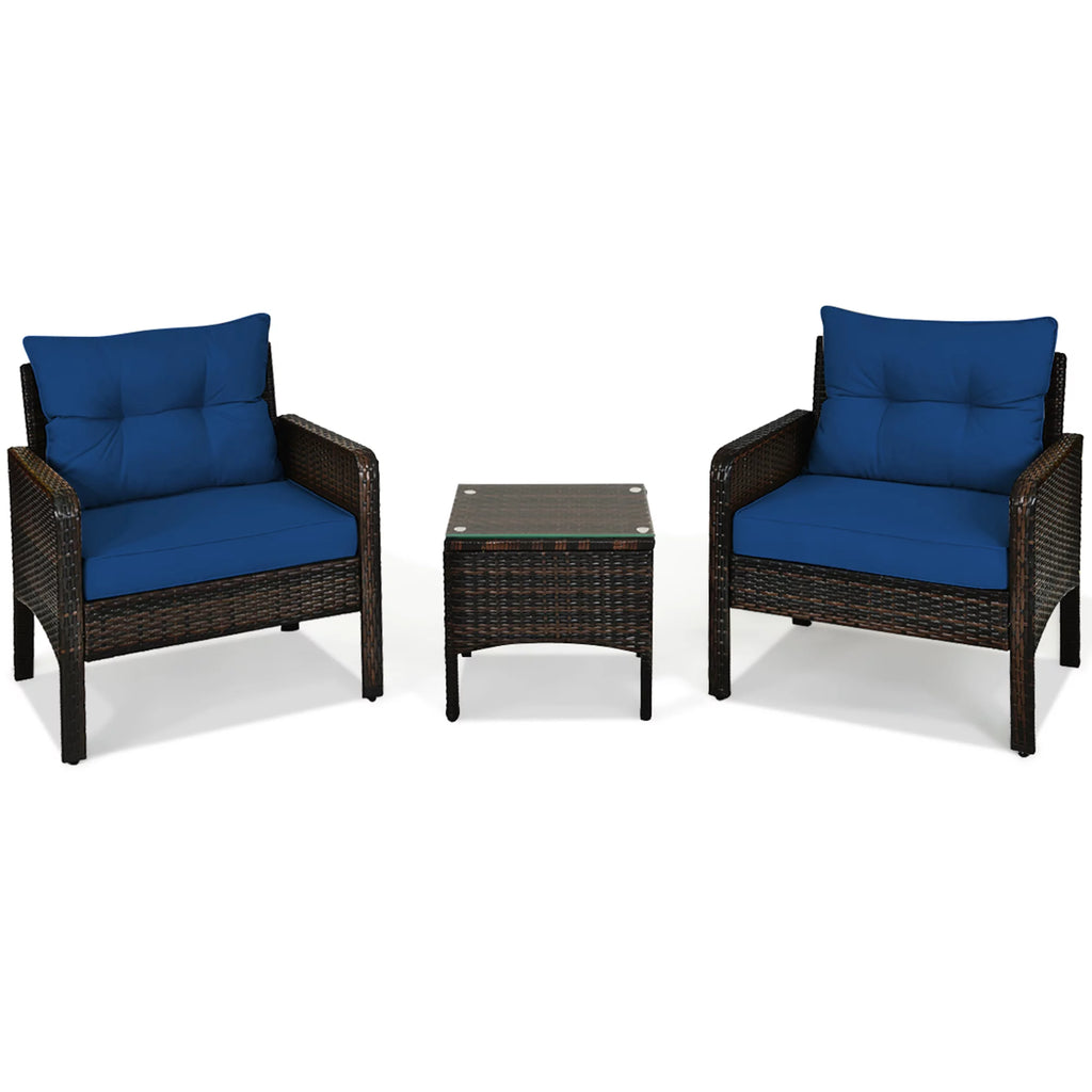 3 Pcs Rattan Patio Conversation Set with Navy Cushions J43316