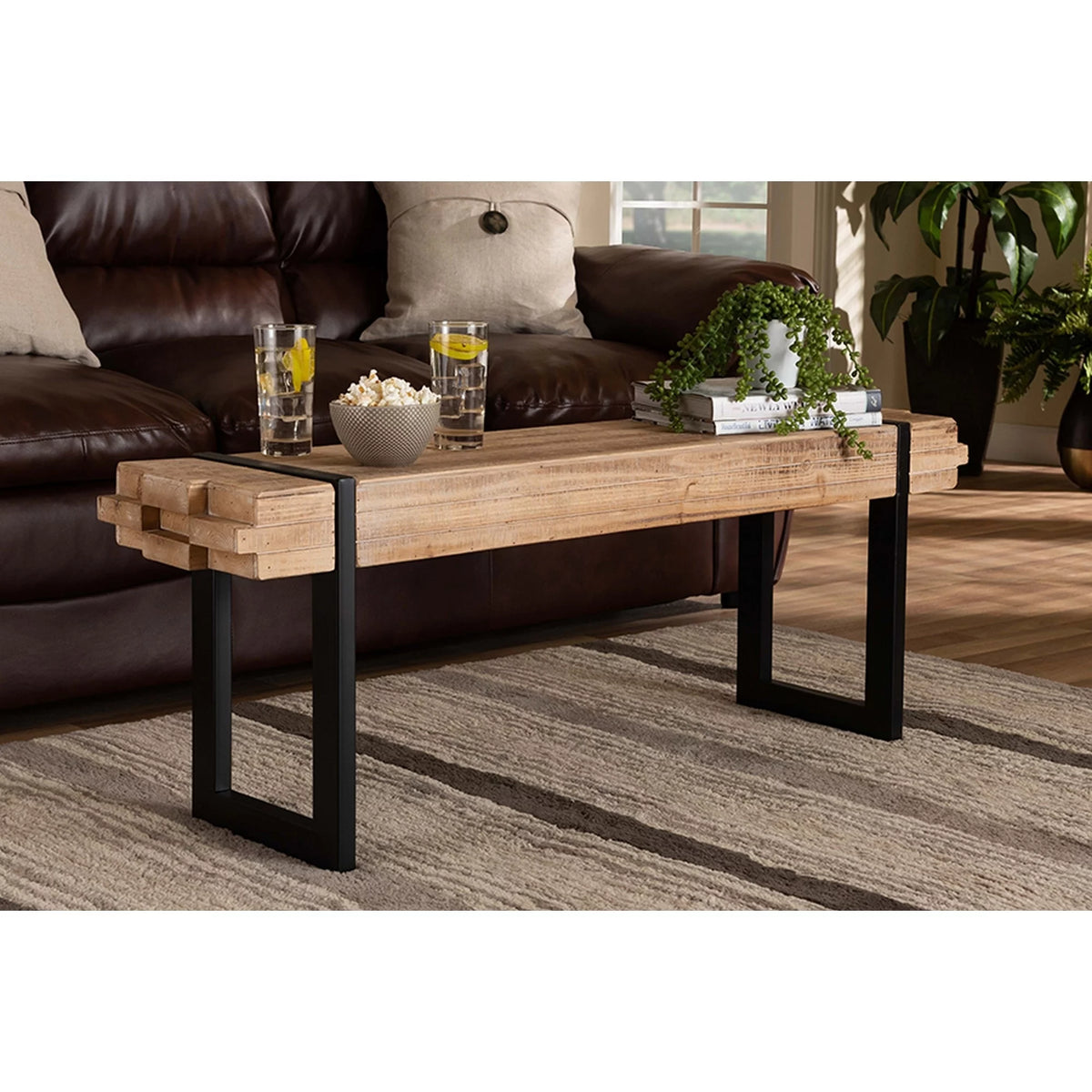 Natural Brown Wood and Black Metal Bench Y2407