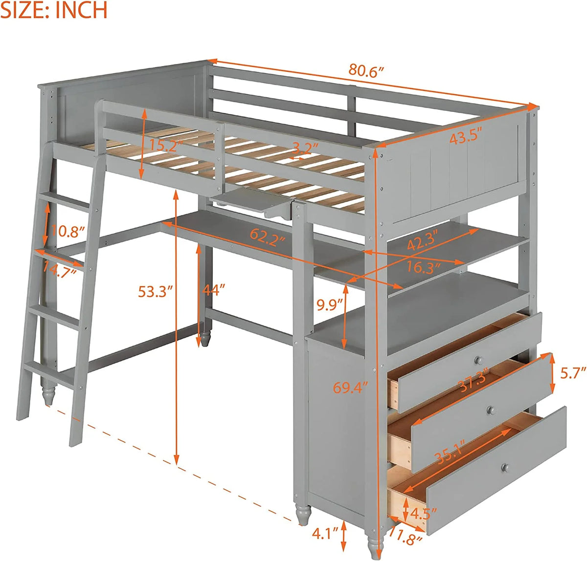 Solid Wood Loft Bed Frame with Storage Drawers and Shelves B3537