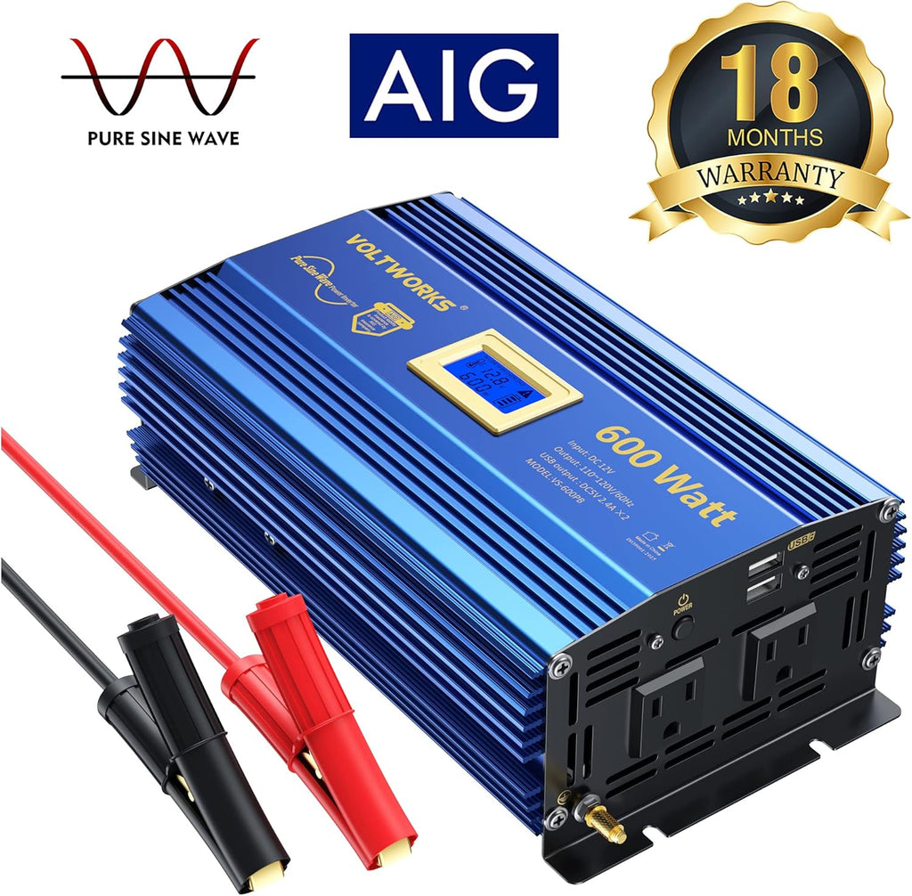 600 Watts Pure Sine Wave Power Inverter DC 12V to AC 110V 120V with USB Port & LCD Display Z263886