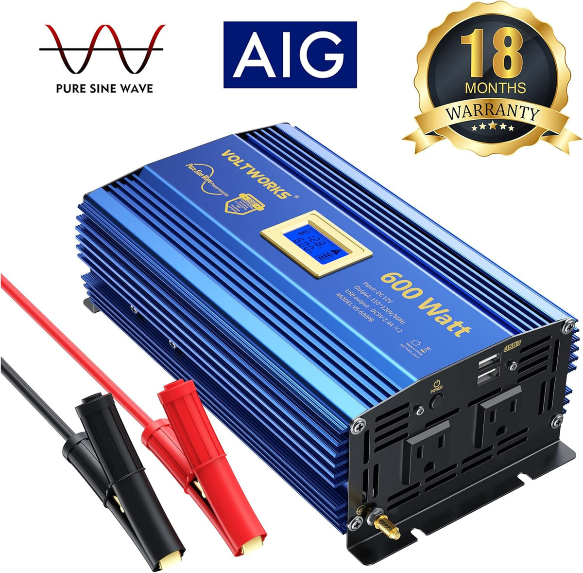 600 Watts Pure Sine Wave Power Inverter DC 12V to AC 110V 120V with USB Port & LCD Display Z263886