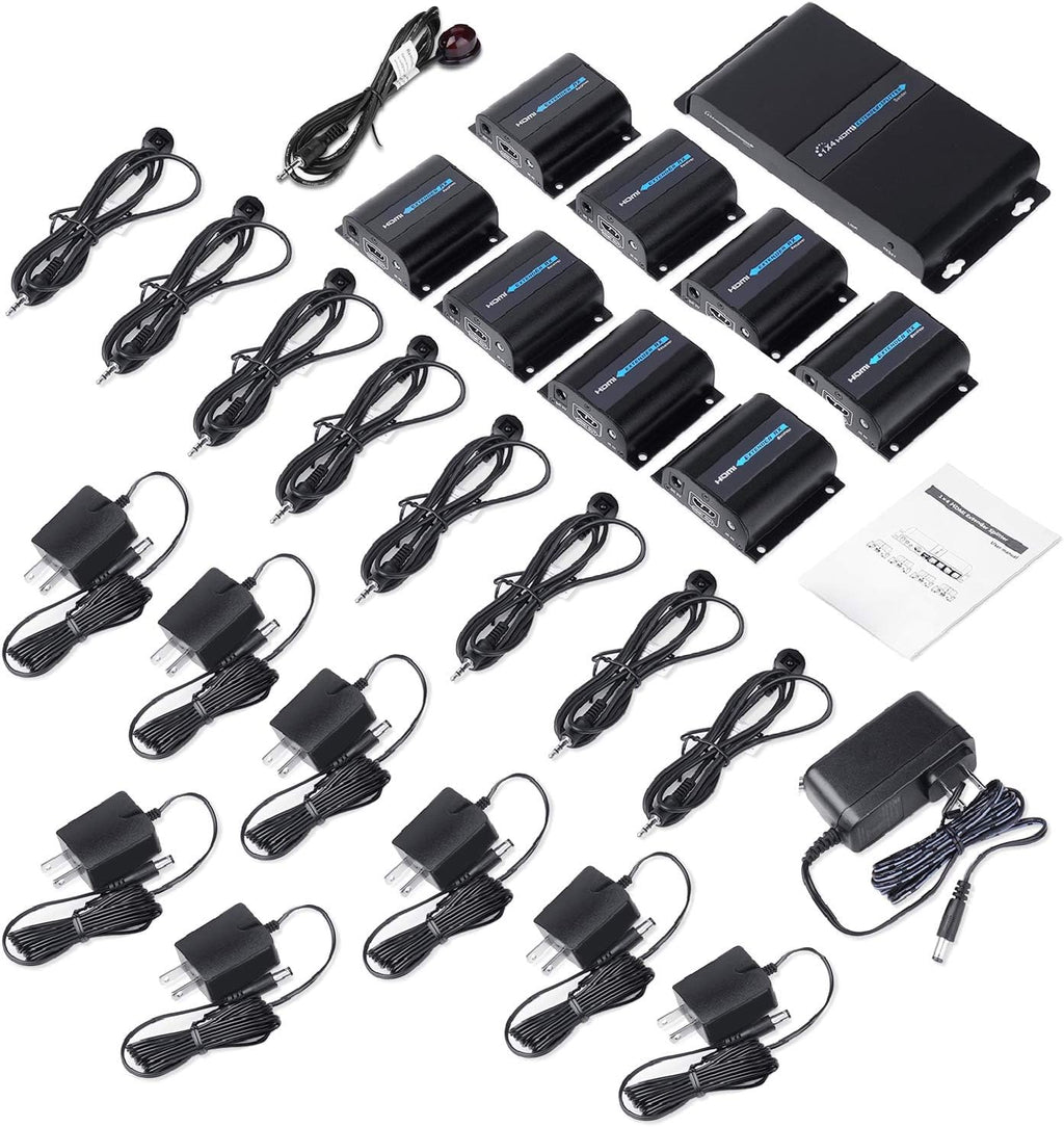 HDMI Extender Splitter over Ethernet Cat6/Cat7 Cable with IR Remote Control 8 Port 1 Input 8 Outputs Q33534
