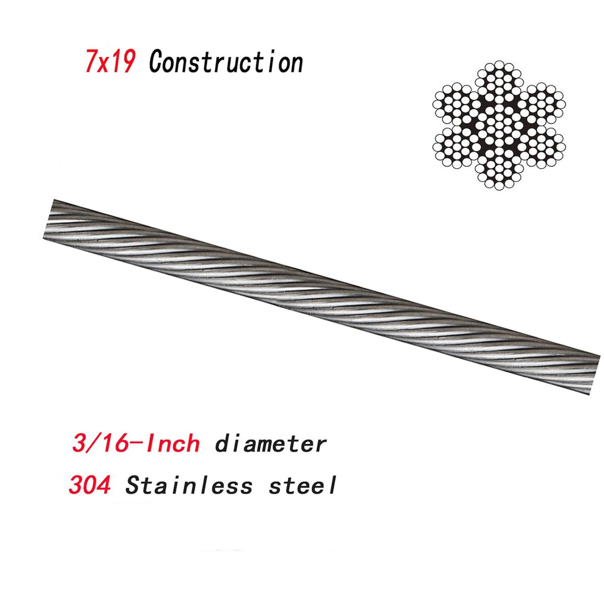 T316 Stainless Steel Wire Rope 1/8 1x19 Cable Y776544