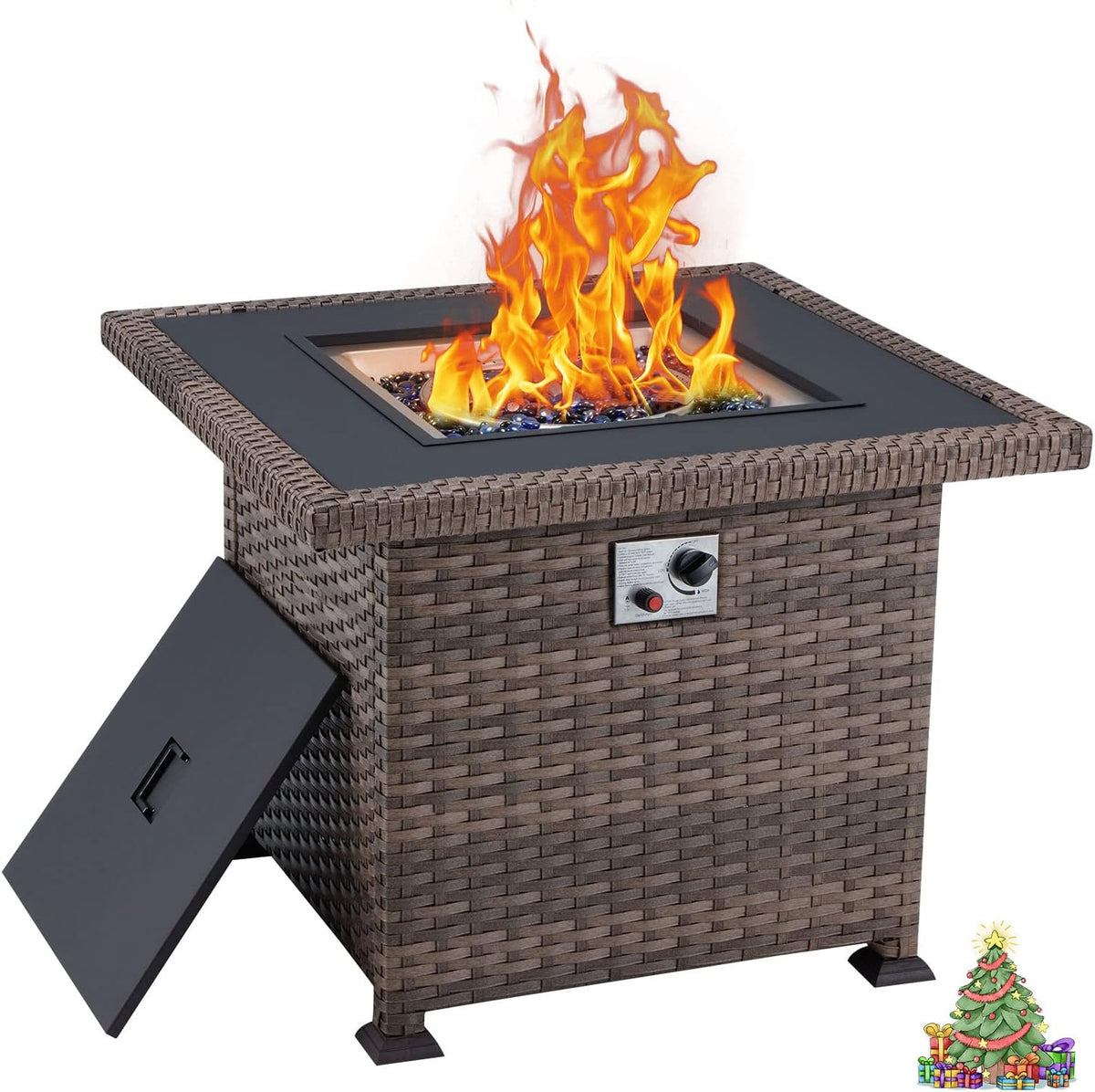 Propane Fire Pit Table 44in 50000BTU Auto-Ignition Smokeless with Cover and Blue Fire Glass Black K602887