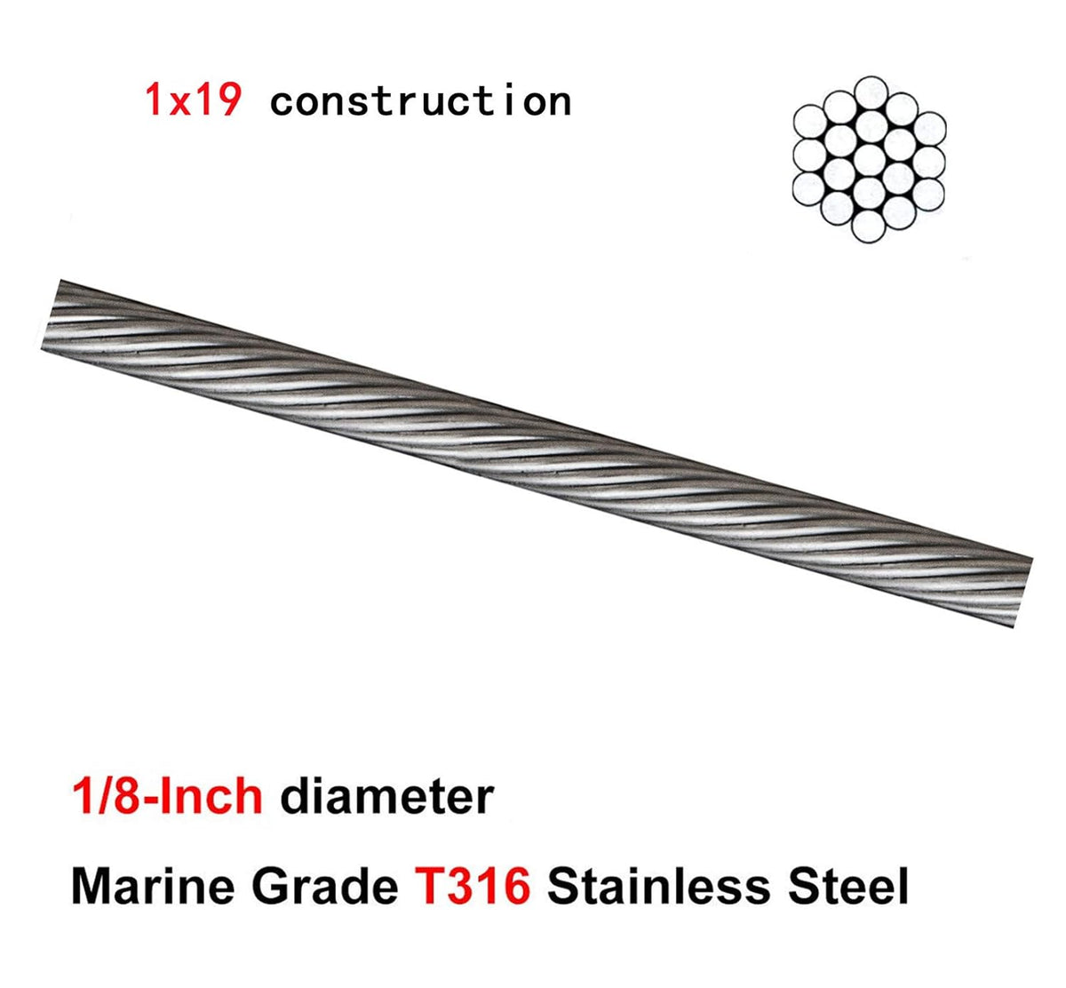 T316 Stainless Steel Wire Rope 1/8 1x19 Cable Y776544