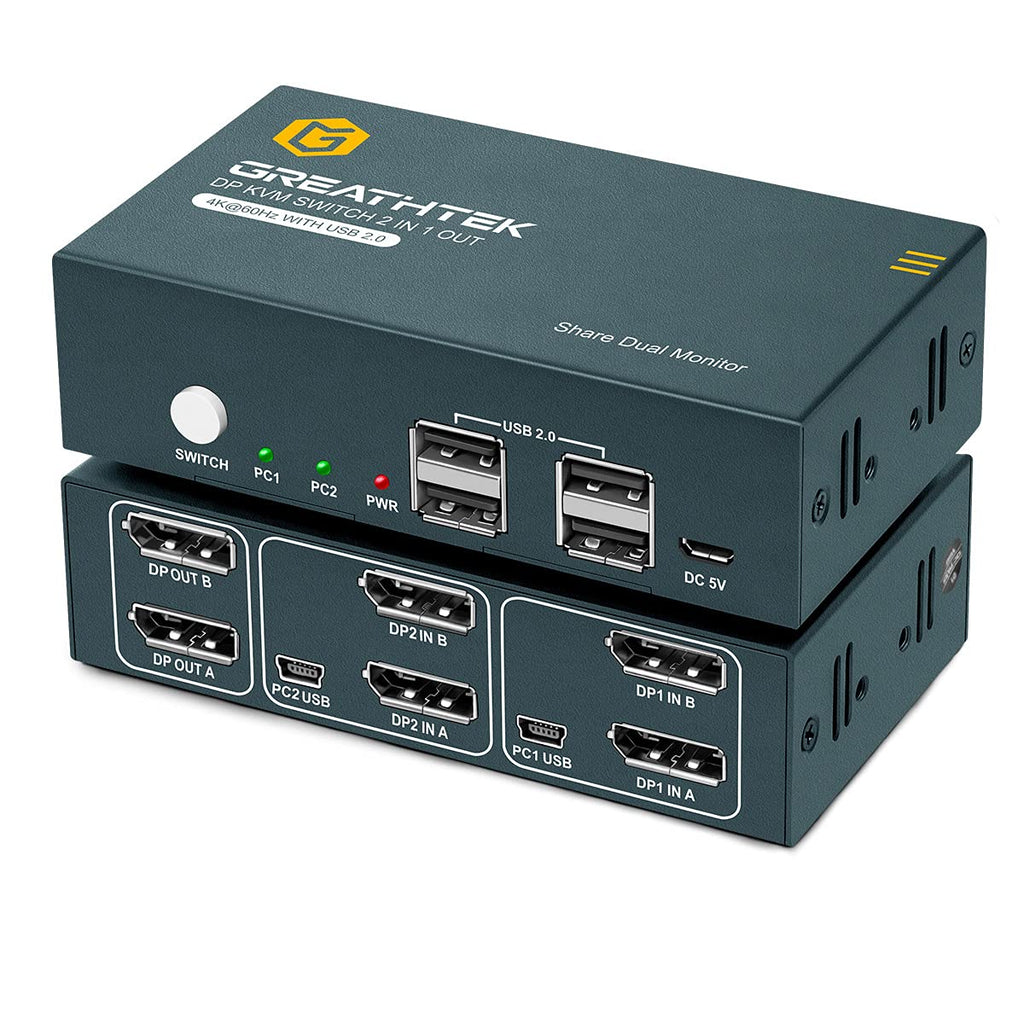 KVM Switch DP Displayport Dual Monitor 2 Port 4 USB 2.0 Hub 4K@60Hz N551
