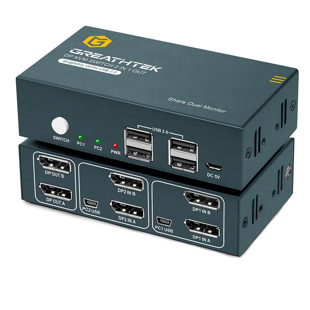 KVM Switch DP Displayport Dual Monitor 2 Port 4 USB 2.0 Hub 4K@60Hz N551