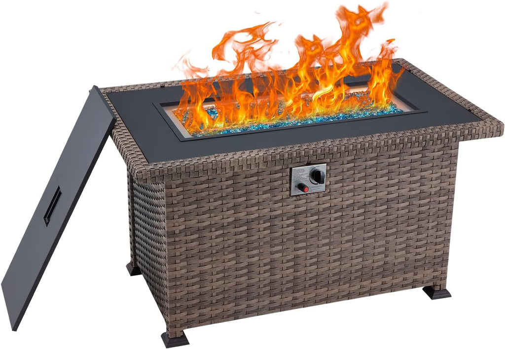 Propane Fire Pit Table 44in 50000BTU Auto-Ignition Smokeless with Cover and Blue Fire Glass Black K602887