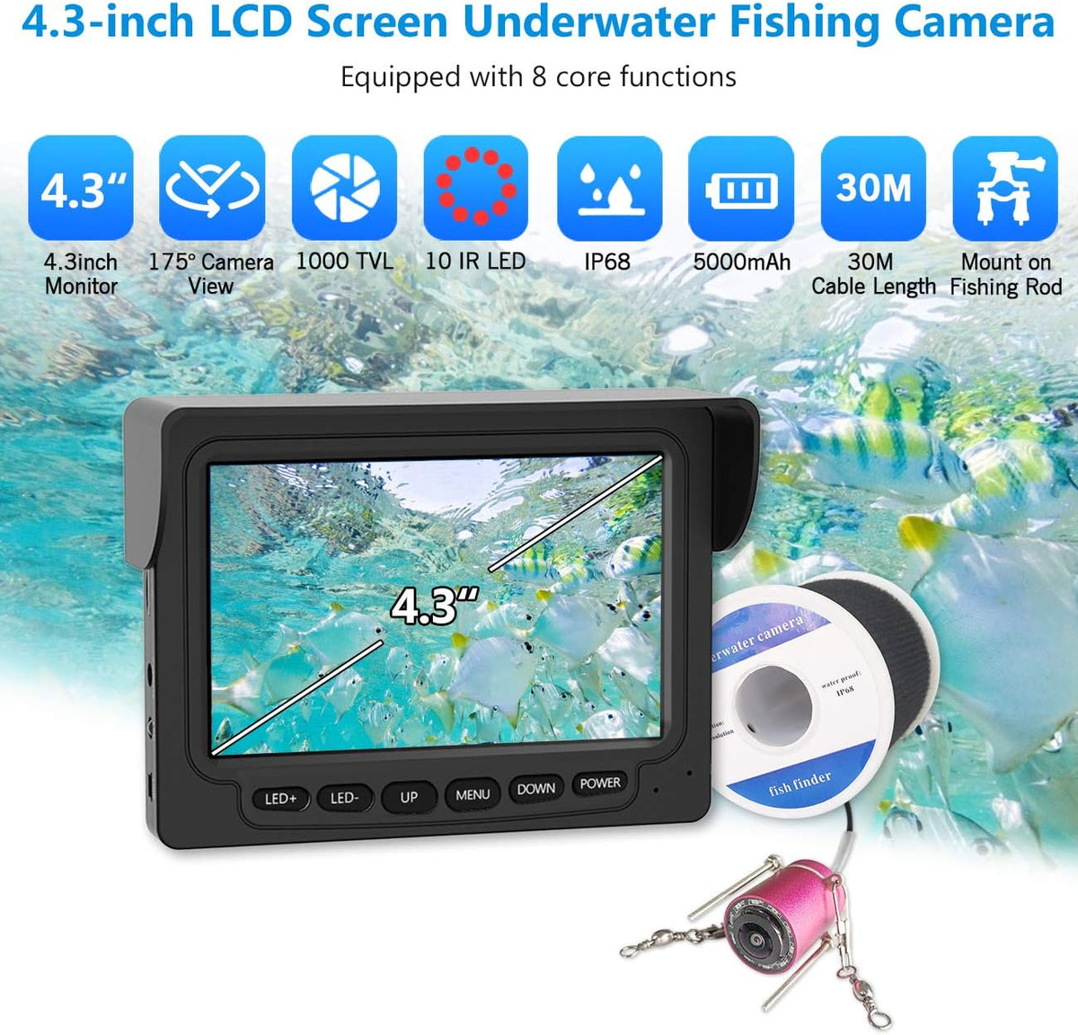 Portable Underwater Fishing Camera with 4.3 inch HD Monitor and 30m Cable A398