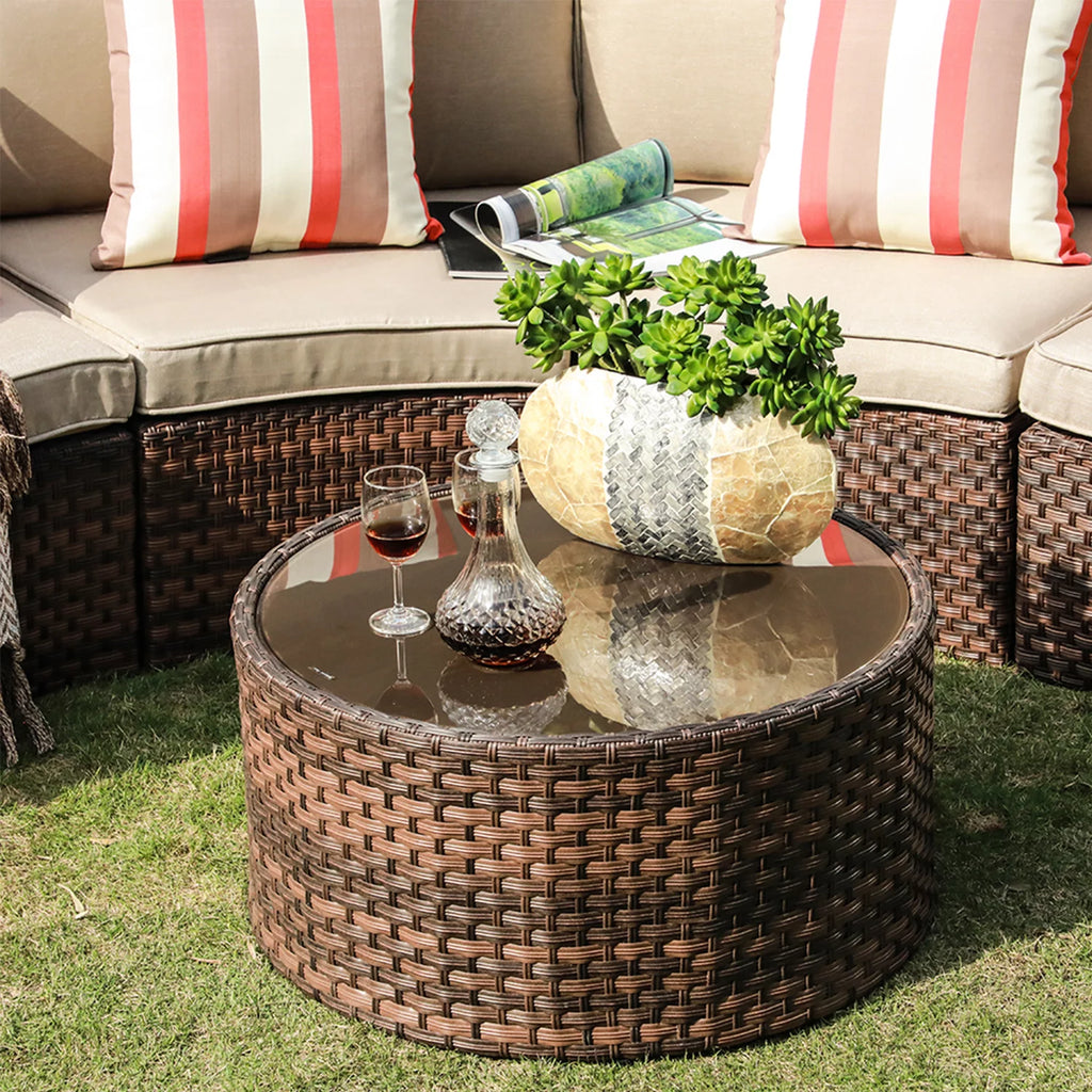 Brown 7-Piece PE Wicker Curved Sectional Sofa Set with Coffee Table T516729