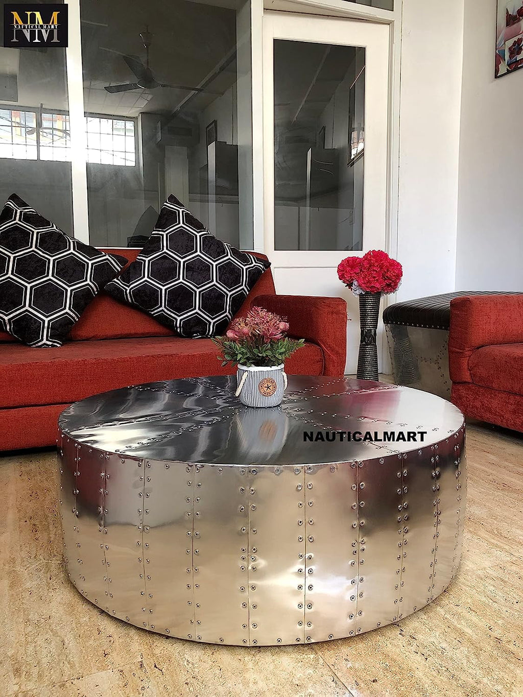 Aluminum Drum Shaped Coffee Table 36 Inches W849