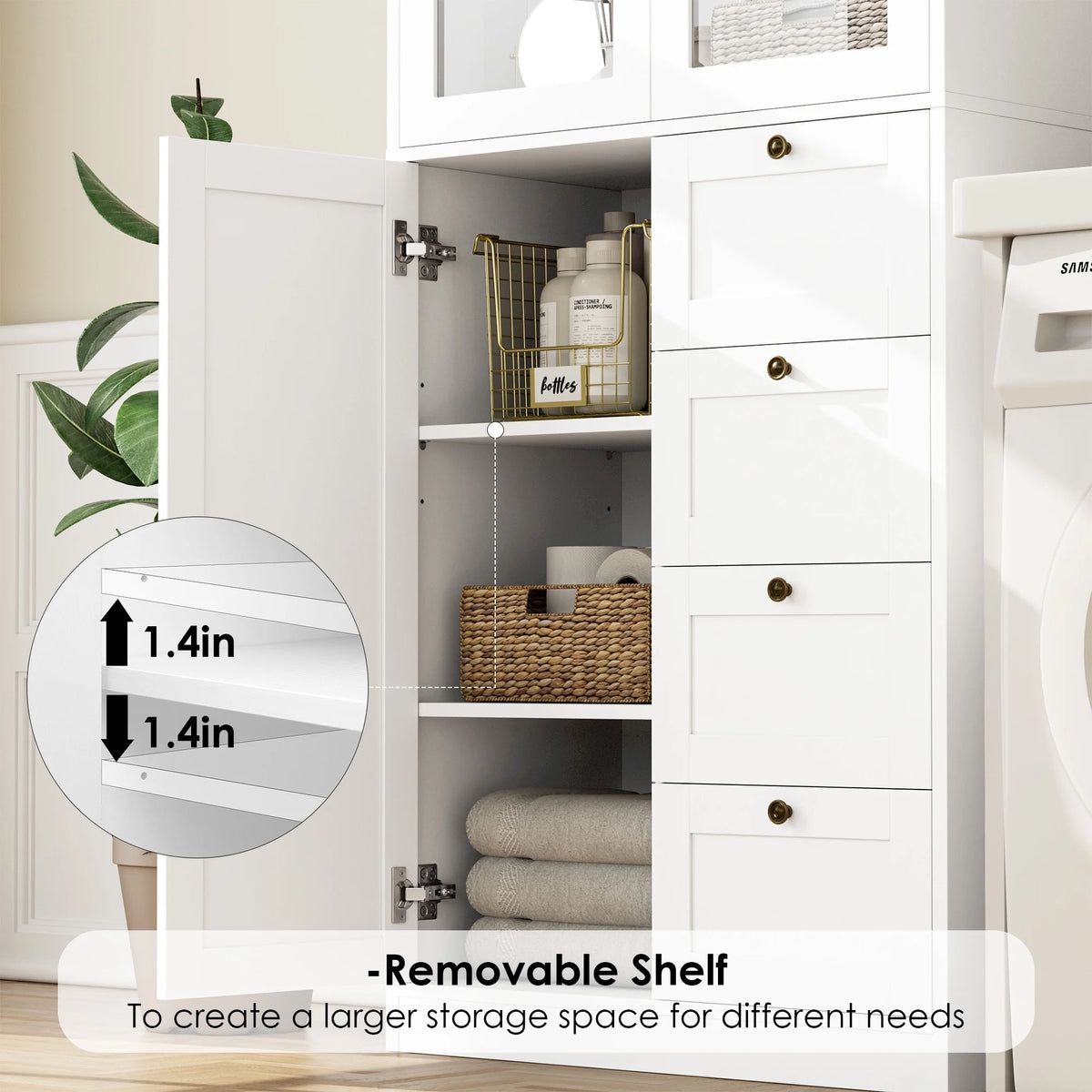 White Kitchen Pantry Cabinet with 2 Glass Doors and 4 Drawers M70531