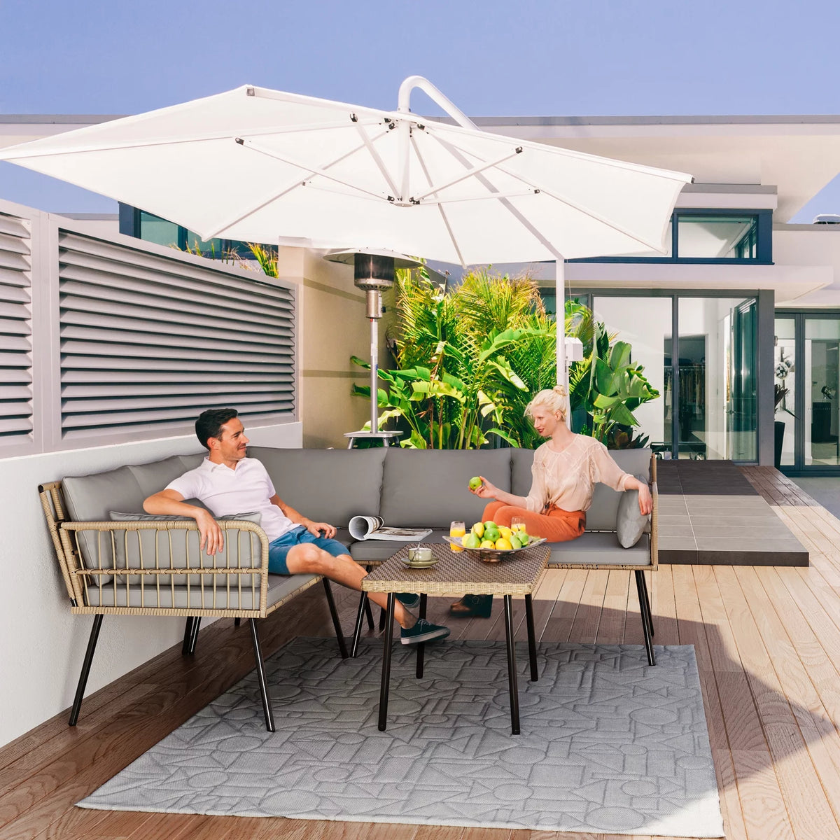 L-Shaped All-Weather Wicker Patio Sofa with Cushions R15532