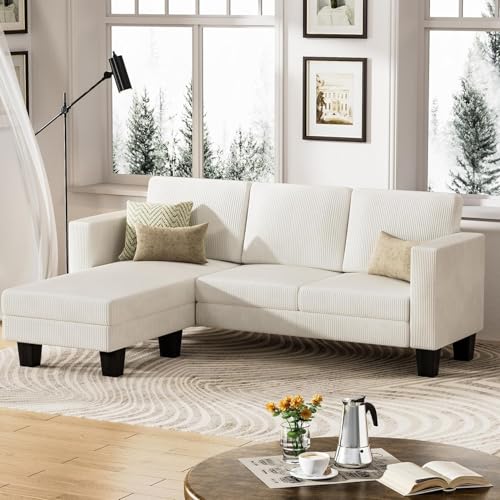 Cream Corduroy L-Shaped Convertible Sectional Sofa 3 Seater X831568