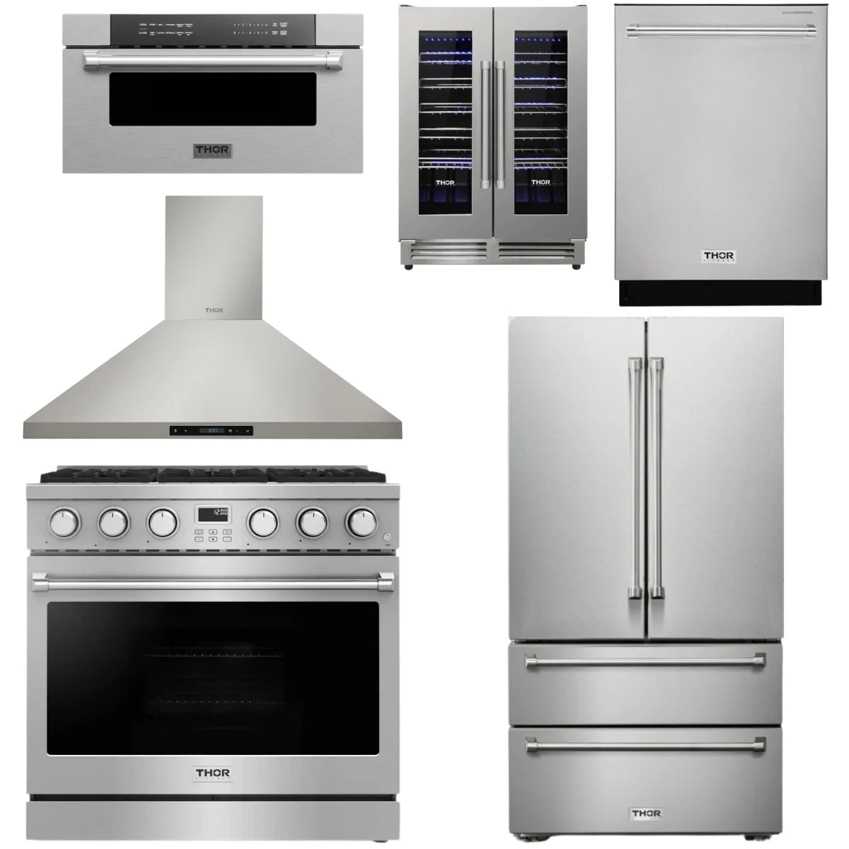 36 Gas Range, Range Hood, Refrigerator, Dishwasher, Microwave and Wine Cooler T6428