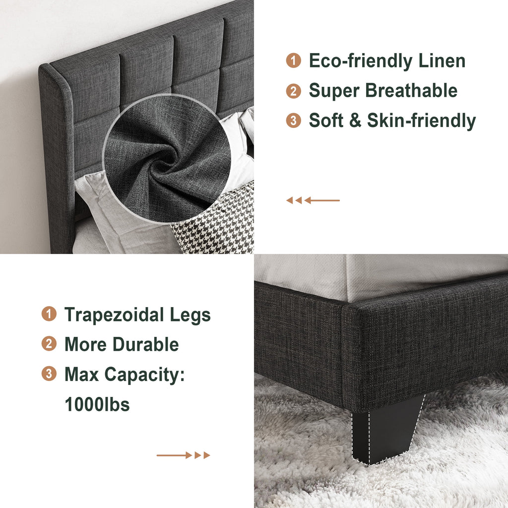 Queen Size Dark Grey Platform Bed with Wingback Headboard Y63405