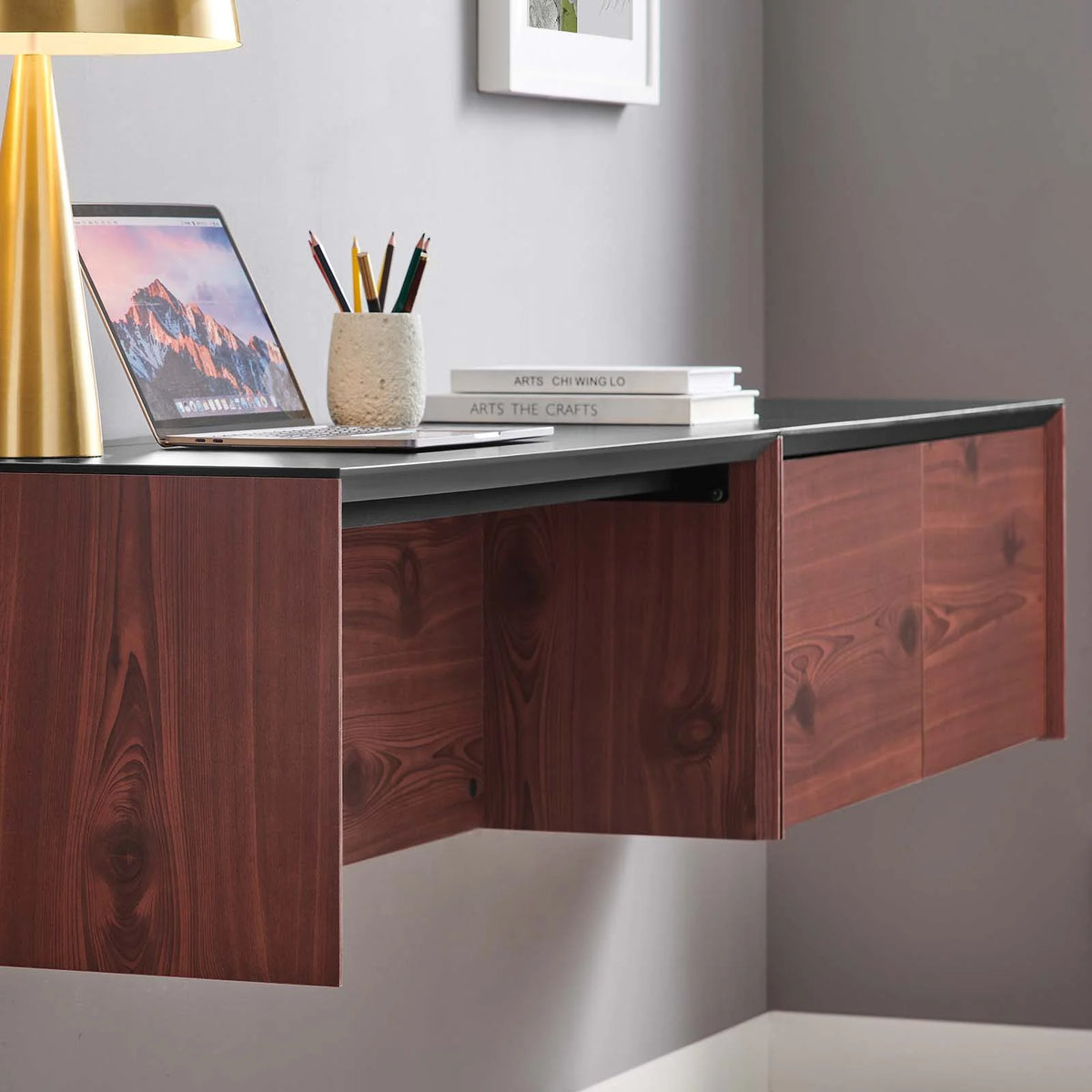38" Wall-Mount Office Desk with Cabinet and Shelf Y32995