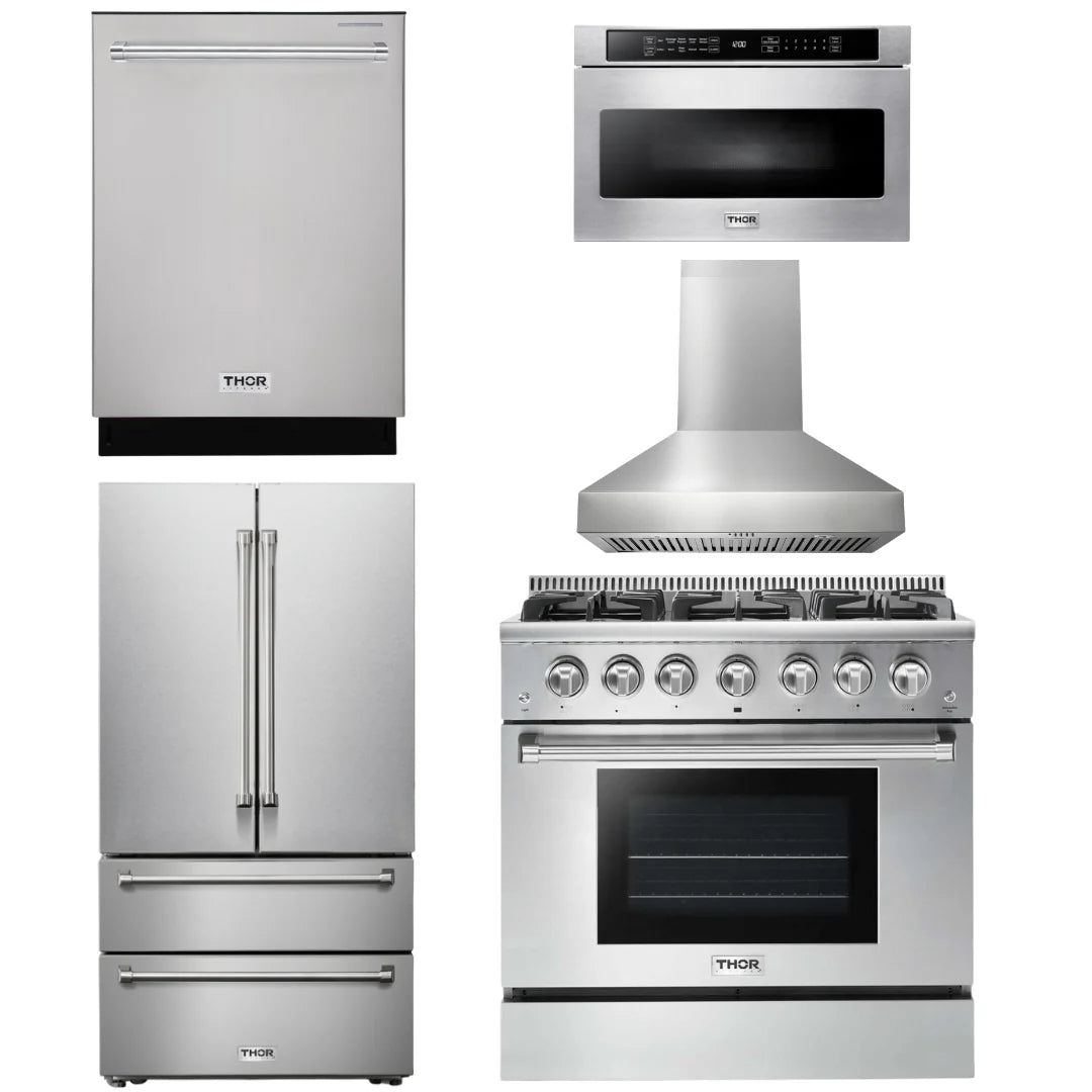 36 Propane Gas Range, Range Hood, Microwave, Refrigerator, Dishwasher Z951