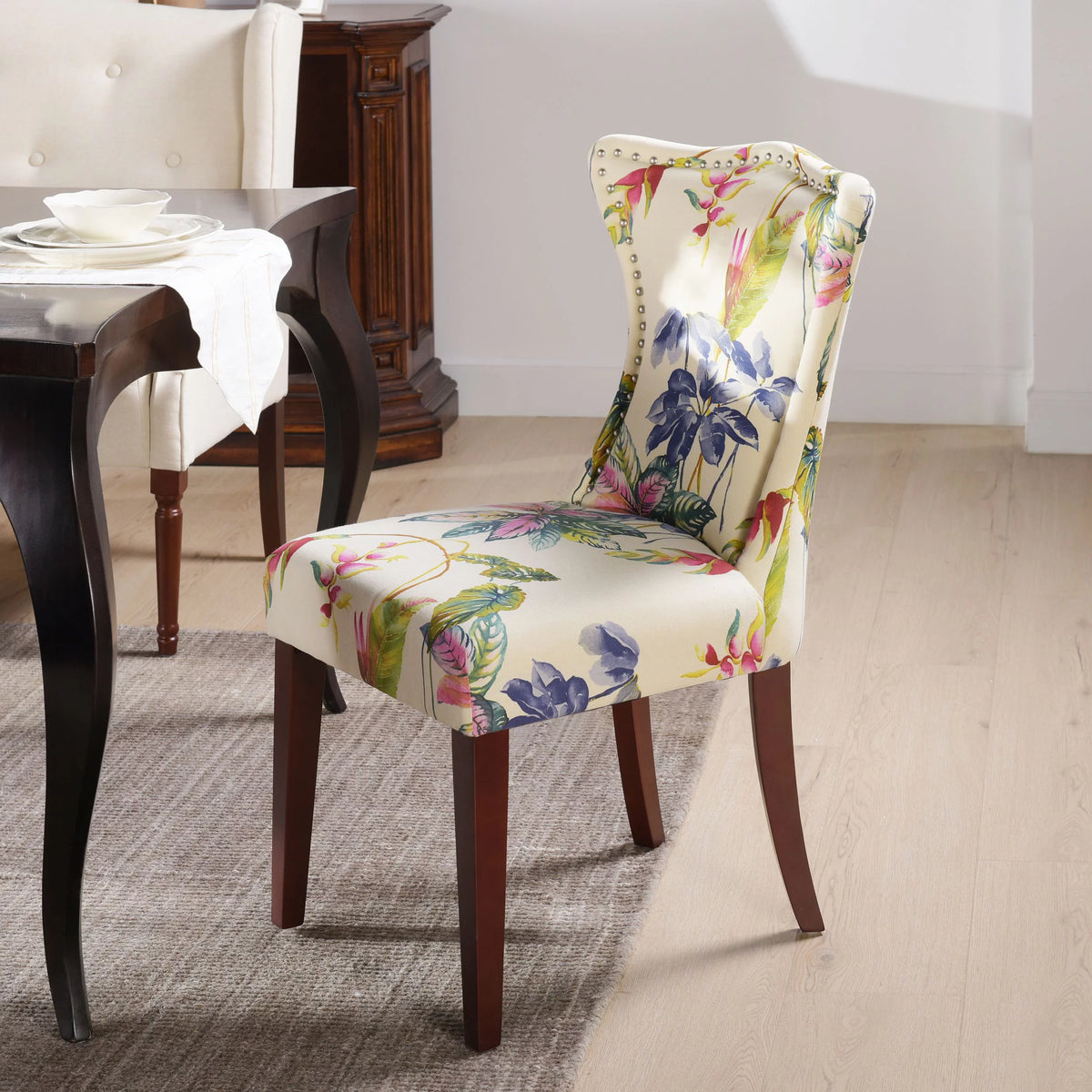Off White Floral Fabric Accent Chair N45879