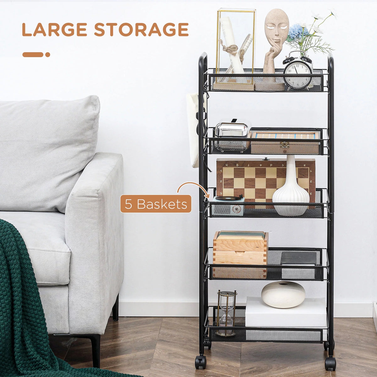 5 Tier Metal Rolling Cart with Mesh Baskets U145174