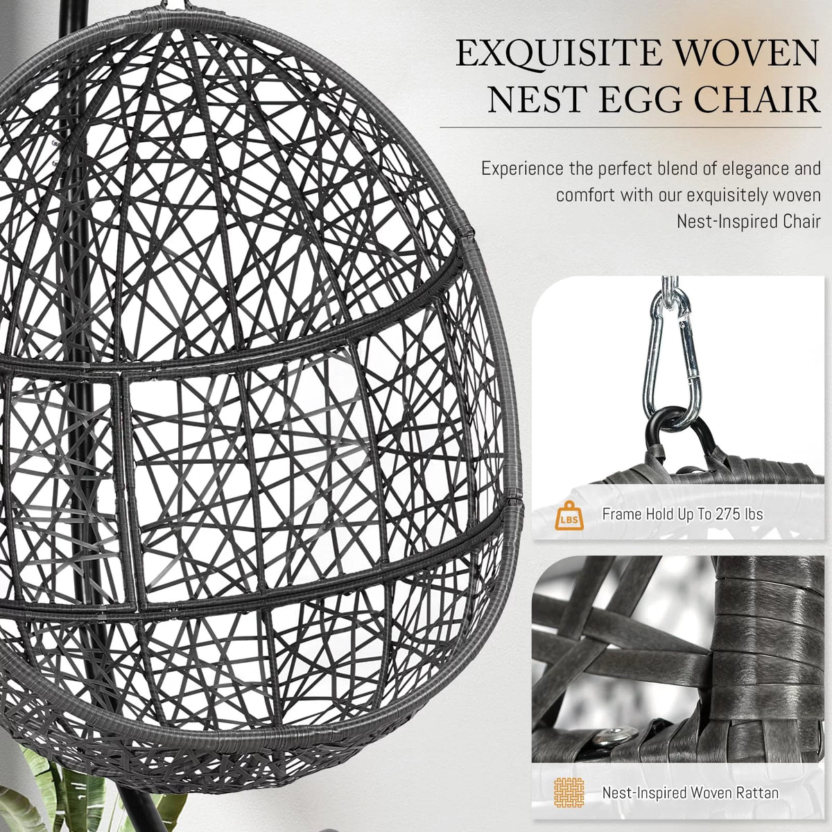 Oversized Black Hanging Swing Egg Chair with Stand and Beige Set B370