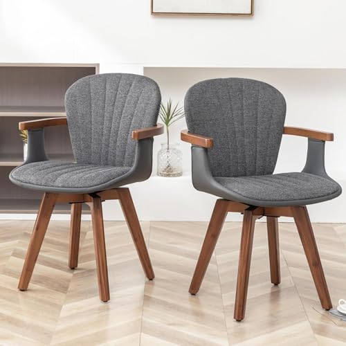 Set of 2 Gray Fabric Faux Leather Dining Chairs with Arms Y663