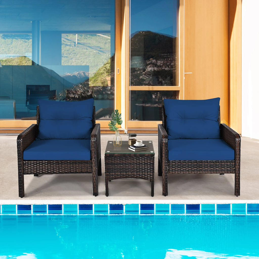 3 Pcs Rattan Patio Conversation Set with Navy Cushions J43316