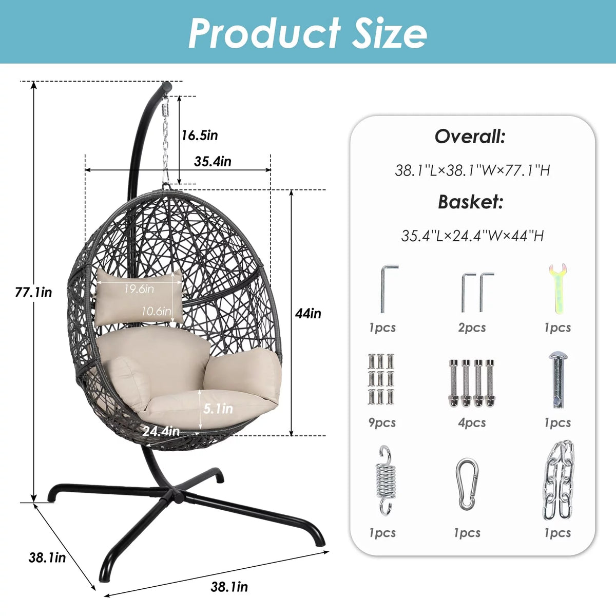 Oversized Black Hanging Swing Egg Chair with Stand and Beige Set B370