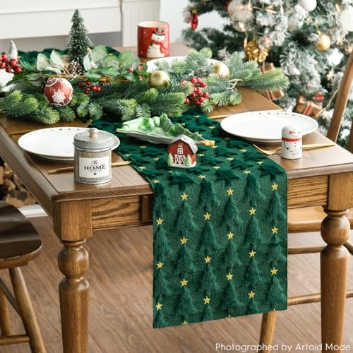 Green Plush Faux Fur Jacquard Christmas Table Runner 13x72 Inch B704461