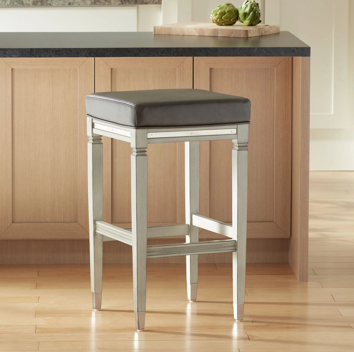 Wood Bar Stool Gray Faux Leather Footrest T83507