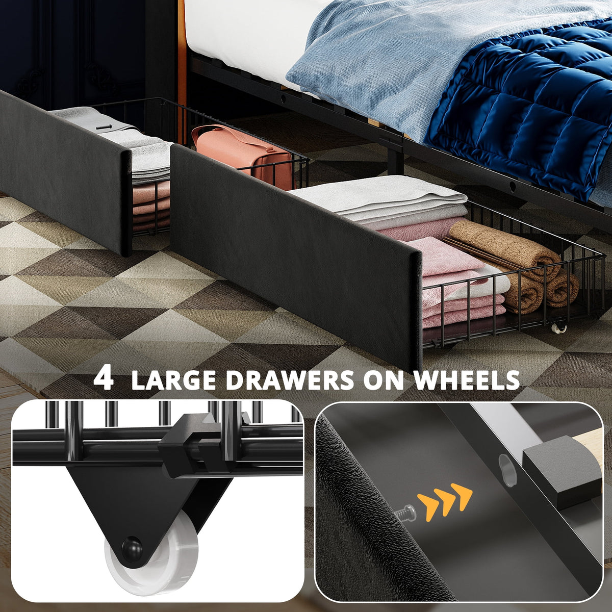 Queen Bed Frame with Storage Headboard and 4 Under-bed Drawers X1810