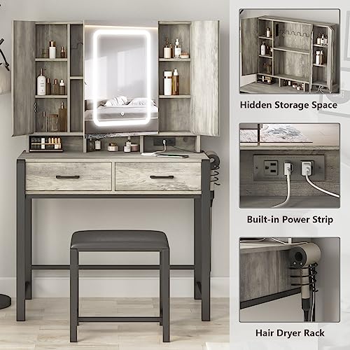 Vanity Desk with Lighted Tri-Fold Mirror and 2 Drawers T86517