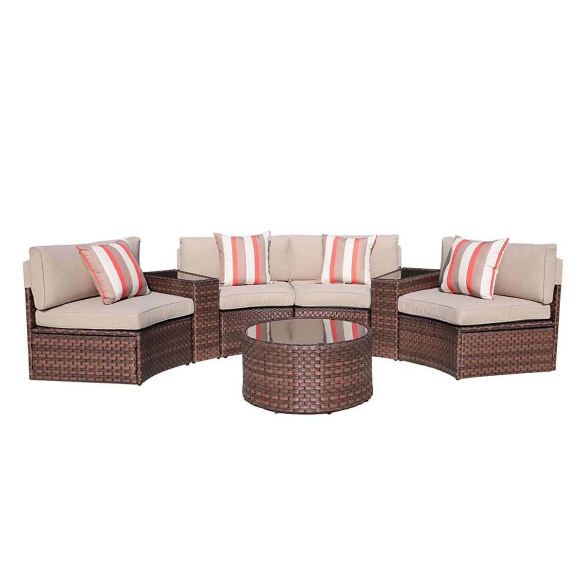 Brown 7-Piece PE Wicker Curved Sectional Sofa Set with Coffee Table T516729