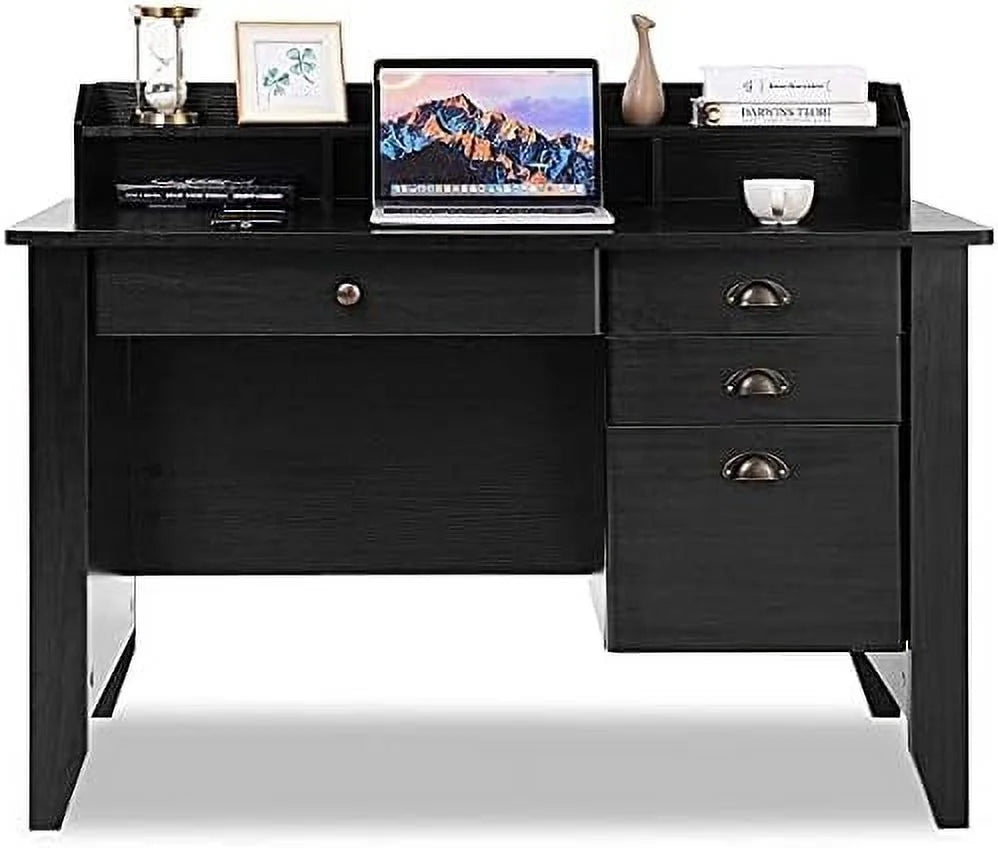 Brown Wooden Computer Desk with 4 Drawers and Bookshelf T8683